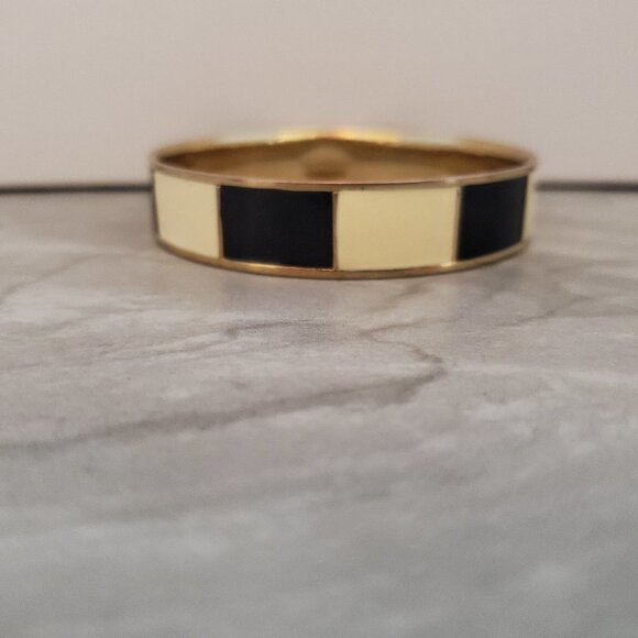 💕 Vintage 90s 1990s J.Crew Black Cream Striped Enamel Bangle Bracelet 💕 - Picture 1 of 12